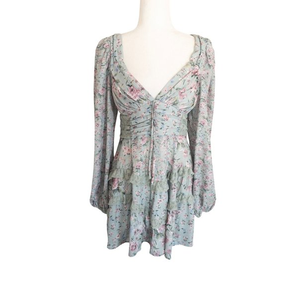 Altar'd State Dresses & Skirts - Altard State Aderny Floral Print Long Sleeve Mini Dress With Ruffle Hem & Open B